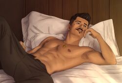 1boy abs armpit_hair bara beauty_mark bed biceps black_hair dark-skinned_male dark_hair dark_skin dorian_pavus dragon_age dragon_age_inquisition facial_hair gay_male lying lying_down lying_on_back mage male male_only manspreading mole moustache moustache muscles muscular muscular_male necklace nedzuku nipples on_bed open_pants pants pecs pendant pillow sexy_pose shirtless shirtless_male solo solo_male spread_legs touching_lip video_games