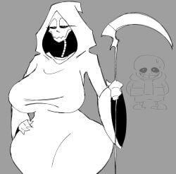 big_breasts big_thighs black_and_white dasexyghost oc original original_character sans scythe skeleton skull undertale