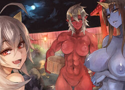 3girls abs big_breasts blue-skinned_female blue_oni_(pepe_(jonasan)) blue_skin breasts horn horns hot_spring light-skinned_female light-skinned_oni_(pepe_(jonasan)) light_skin looking_at_viewer multiple_girls muscular_female oni oni_horns onsen original pepe_(jonasan) red-skinned_female red_eyes red_oni_(pepe_(jonasan)) red_skin yellow_eyes