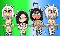 ahe_gao black_eyes black_hair blue_eyes blush breasts cow_bikini cow_ears cow_girl cow_horns cow_print cowbell green_eyes hidekihenry lactating lactation milk milking milking_breasts milking_machine playstation playstation_1 playstation_2 ps1-tan ps2-tan white_hair xbox xbox-tan xbox360-tan