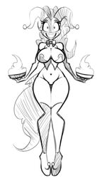 areola bottomless clothed clothing cream_pie_(oc) equid equine female food friendship_is_magic horse jester_hat jrvanesbroek mammal monochrome my_little_pony nipples pie pinkie_pie_(mlp) pony pose pussy sketch smile solo straight_hair supervillain titty_vixen