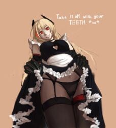 blonde_hair from_below garter_straps girls'_frontline lifting_skirt m4_sopmod_ii_(girls'_frontline) maid maid_headdress maid_outfit maid_uniform red_eyes simple_background thigh_highs underwear