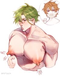 big_breasts big_chest big_nipples big_pecs eiden_(nu:_carnival) erect_nipples fanart green_hair leaking_nipples male male_only nu:_carnival olivine_(nu:_carnival) pierced_nipples piercing puffy_nipples solo solo_male