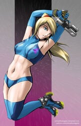 adapted_costume armpits arms_behind_head arms_up bangs blonde_hair blue_eyes blue_gloves blue_legwear blue_panties bracelet breasts elbow_gloves female female_only floating_hair full_body gloves grin gun head_tilt high_heels holding holding_gun holding_weapon long_hair looking_at_viewer metroid midriff navel neck nintendo panties parted_lips ponytail samus_aran sidelocks smile solo thighhighs unhealthyveggies weapon zero_suit zero_suit_samus