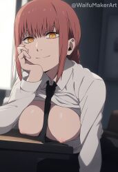 1girls ai_generated black_tie blush breasts breasts breasts_out chainsaw_man eye_contact female female female_only looking_at_viewer makima_(chainsaw_man) nipples sitting smile tits_out waifumakerart