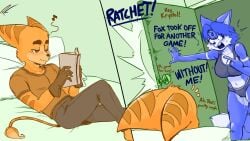 1boy 1girls 2024 angry angry_face bed bedroom blue_fur blue_hair brown_eyes casual crossover door eastern_and_western_character fakeryway female imminent_sex krystal krystal_(star_fox) laying_on_bed lombax male nintendo orange_fur pleasure_castle ratchet_(ratchet_and_clank) ratchet_and_clank reading slamming sony_interactive_entertainment sports_bra sportswear star_fox text