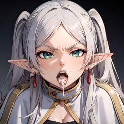 1girls after_oral ai_generated angry angry_face arbitrary cleavage cum cum_in_mouth elf elf_ears frieren hi_res open_mouth oral_creampie sousou_no_frieren stable_diffusion tongue_out twintails white_hair