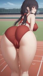 ai_generated ass black_hair bloomers covered_nipples covered_pussy date_a_live exausted gumi_arts heavy_breathing looking_back low_twintails medium_breasts open_mouth outdoors red_eyes sports_bra stable_diffusion thick_thighs tight_clothes tokisaki_kurumi track_and_field wide_hips