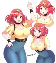 1girls backpack belt breasts choker hand_in_pocket high_waisted_pants jarckius jeans large_breasts looking_at_viewer nintendo pyra red_eyes red_hair shirt short_hair tiara xenoblade_(series) xenoblade_chronicles_2 yellow_shirt