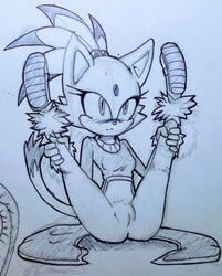 2019 2d anthro blaze_the_cat blush cameltoe clothing dipstick_tail domestic_cat eyelashes felid feline felis female forehead_gem hair_tie leg_grab littledog mammal monochrome multicolored_tail on_model pussy pussy_bulge showing sketch skinny small_breasts sonic_(series) spread_legs spreading thick_thighs wide_hips