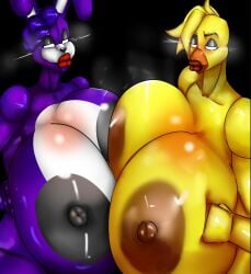 2girls animatronic_female beak bimbo_lips black_nipples blush bonnie_(fnaf) breast_blush breast_shine breasts breasts_squeezed_together bunny_ears chica_(fnaf) fableeg five_nights_at_freddy's genderswap humanoid looking_at_viewer massive_breasts purple_and_white rule_63 yellow_body