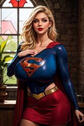 1girls ai_generated big_breasts blonde blonde_female blue_eyes busty bythebrokenone cape dc dc_comics female_only huge_breasts kryptonian long_hair red_cape red_lipstick skirt solo solo_female super_woman supergirl superheroine superman_(series) tagme top_heavy