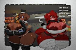 2girls ass_bigger_than_head boob_window breasts_bigger_than_head casual casual_nudity clothed female female_only fexa five_nights_at_freddy's foxy_(cally3d) foxy_(fnaf) freddy_(fnaf) fredina's_nightclub fredina_(cally3d) frenni_fazclaire huge_ass huge_breasts lustyknightdraws multiple_girls no_bra public public_nudity sideass underboob