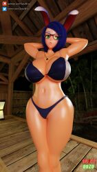 1girls 3d armpits arms_behind_head big_breasts big_thighs bikini blue_hair breasts bunny_ears busty chie_(misterorzo) female glasses green_eyes huge_breasts huge_thighs large_breasts large_thighs misterorzo navel spicyorzo swimsuit thick_thighs thighs voluptuous