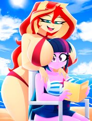 2023 2girls beach between_breasts big_breasts book breast_pillow breasts breasts_bigger_than_head criss-cross_halter deviantart deviantart_link distracted equestria_girls female female_only friendship_is_magic halterneck hasbro head_between_breasts hi_res highres huge_breasts large_breasts long_hair my_little_pony pink_body pink_skin ponytail reading reading_book sci-twi sunset_shimmer swimsuit two_tone_hair water xan-gelx(xan) yellow_body yuri