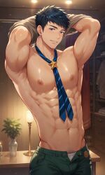 1boy abs ai_alexr ai_generated camp_buddy gay half-erect half_naked male male_only naoto_hamasaki nipples tagme tie yaoi