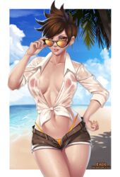 1girls adjusting_glasses areolae bare_midriff blouse breasts collared_blouse collared_shirt cowboy_shot exlic female female_only hand_on_hip looking_at_viewer medium_breasts navel nipples nipples_visible_through_clothing no_bra one_hand_on_hip overwatch pulling_down_sunglasses seductive_look seductive_smile see-through shirt shirt_knot shirt_tied_up short_hair short_shorts shorts_open smile solo sweat sweating sweaty thick_thighs thong tracer wet wet_clothes wet_shirt