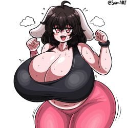 1girls ahoge artist_name big_belly big_breasts breasts brown_hair bunny_ears bunny_girl cleavage fat_thighs huge_breasts light-skinned_female open_mouth pants red_eyes seireiart solo solo_female sports_bra sportswear sweat sweaty_body sweaty_breasts tewi_inaba thick_thighs thighs touhou watermark white_background