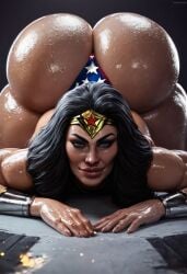 1girls ai_generated all_fours ass big_ass black_hair blue_eyes dc dc_comics facing_viewer huge_ass looking_at_viewer lube milf niduscharger oil smile smiling_at_viewer smug solo tan_skin thick_thighs top_down_bottom_up wide_hips wonder_woman wonder_woman_(series)