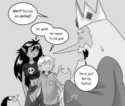 2boys 2girls adventure_time black_and_white black_hair couple crown dialogue fangs finn_the_human gunter holding_hands human ice_king lofty_(artist) long_beard looking_at_another marceline open_mouth penguin sharp_claws sharp_teeth simon skull_shirt smile vampire white_background wholesome