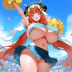 >_< ai_generated arm_behind_head arm_up armpits arms_behind_head arms_up, bare_legs bare_shoulders belly big_breasts blue_sky blush cheerleader closed_eyes cloudy_sky dynamic_pose from_below frown genshin_impact gigantic_breasts hair_ornament huge_breasts large_breasts long_hair miniskirt navel nilou_(genshin_impact) outdoors panties playground plump pom_pom_(cheerleading) pom_poms red_hair seductive seductive_eyes seductive_look side-tie_panties sports_bra stadium stadium_background sweat sweatdrop sweating sweaty thick_thighs thigh_strap underboob wet_clothes wet_panties wide_hips
