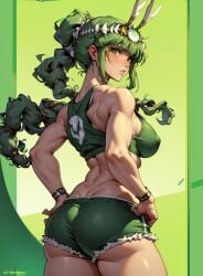 1girls ai_generated angry antlers artemis artemis_(hades) athletic_female back_view blush braided_hair breasts embarrassed female female_focus goddess greek_mythology green_hair gym gym_uniform hades_(game) hands_on_hips long_hair looking_at_viewer looking_back medium_breasts mountain mythology shorts solo_focus sports_bra stable_diffusion virgin weights