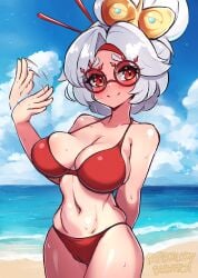 1girls bebatch big_breasts bikini bikini_bottom bikini_top blush bottomwear breasts cameltoe cleavage eyewear fanning_self female female_only glasses hair hair_ornament huge_breasts motion_blur nintendo purah purah_(tears_of_the_kingdom) red_bikini red_eyes red_eyeshadow red_glasses solo solo_female sweat sweatdrop sweating sweaty swimwear tears_of_the_kingdom the_legend_of_zelda topwear white_hair