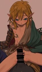 2boys blonde_hair blue_eyes blush blushing elf_ears gay hylian hylian_ears kokekokeimo link link_(tears_of_the_kingdom) long_hair male male/male male_focus male_only nipples penis_awe penis_size_difference pointy_ears rauru_(tears_of_the_kingdom) size_difference small_penis sweat sweatdrop sweating sweaty tears_of_the_kingdom the_legend_of_zelda yaoi zonai