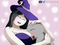 1boy 1girls 2d 2d_(artwork) anon big_breasts black_hair breasts head_between_breasts henry_stickmin_(game) hugging long_hair nobytes_(artist) size_difference smile smiling the_witch_(henry_stickmin) witch_hat