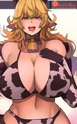 1girls abs bikini blonde_hair cow_ears cow_girl cow_print cowbell ear_tag female female_only huge_breasts nachocobana rwby text url watermark yang_xiao_long