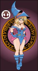 8ball9615 anime_girl bare_shoulders big_breasts blonde_hair boots clothed collar dark_magician_girl female green_eyes hand_on_hip handwear magician_hat smiling yu-gi-oh!