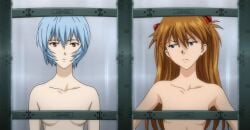 2girls asuka_langley_sohryu blank_stare blue_hair breasts completely_nude convenient_censoring english_text frown hands_on_hips long_hair looking_at_another neon_genesis_evangelion nude rebuild_of_evangelion red_eyes red_hair rei_ayanami screencap short_hair small_breasts