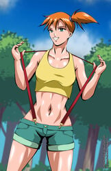 1girls abs aqua_eyes bare_arms bare_legs bare_shoulders blurry blurry_background breasts clothed collarbone denim denim_shorts dutch_angle female female_only forest grin gym_leader hair_between_eyes hands_up human human_only kasumi_(pokemon) legs looking_at_viewer midriff navel neck nintendo orange_hair outdoors parted_lips pokemon pokemon_frlg pokemon_rgby shiny_hair shiny_skin shirt short_hair short_shorts shorts side_ponytail small_breasts smile solo standing suspenders suspenders_pull tank_top text tree unhealthyveggies url watermark yellow_tank_top