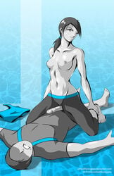 1boy 1girls armpit bare_arms bare_shoulders barefoot black_hair black_pants breasts clothes_removed collarbone cowgirl_position dual_persona erection faceless faceless_male feet female female_on_top girl_on_top grey_hair grey_shirt grey_skin grin grinding kneeling long_hair looking_at_viewer lying male medium_breasts navel neck nintendo nipples on_back on_top pants parted_lips penis ponytail rubbing shadow shirt short_hair short_sleeves sitting sitting_on_person smile spread_arms spread_legs straight super_smash_bros. sweat t-shirt tease teasing topless uncensored unhealthyveggies wii_fit wii_fit_trainer woman_on_top