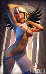 1girls 3d aphrodite_(fortnite) arms_up breasts choker fit_female fortnite helix3d looking_at_viewer partially_clothed red_lipstick see-through_clothing solo toga white_hair wings