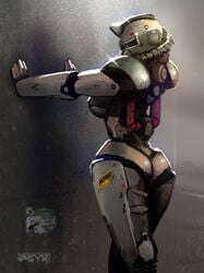 1girls against_wall android ass back big_ass big_breasts breasts fallout female female_only human large_ass masked masked_female power_armor power_armor_(fallout) psyk323 robot robot_girl source_request standing t60_(fallout) text thick_thighs wide_hips