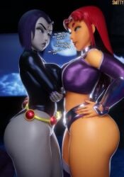 2girls artist_name big_ass big_breasts breasts_pressed_against_another busty curvy dc dc_comics dialogue english_text female female_only grey_skin multiple_girls orange_skin purple_hair raven_(dc) red_hair smitty34 starfire superheroine teen_titans text