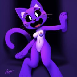 ai_background ai_generated breasts catnap catnap_(poppy_playtime) critters_(poppy_playtime) domestic_cat furry_only heuryus_(artist) no_humans poppy_playtime poppy_playtime_(chapter_3) purple_body purple_fur purple_skin pussy rule_63 simple_background smiling_critters