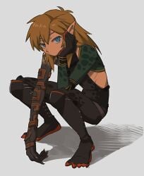 1boy blonde blonde_hair elf_ears froggy_armor_(tears_of_the_kingdom) grey_background hand_on_face hylian hylian_ears kokekokeimo link link_(froggy_armor) link_(tears_of_the_kingdom) long_hair looking_at_viewer male_focus male_only pointy_ears squatting tears_of_the_kingdom the_legend_of_zelda