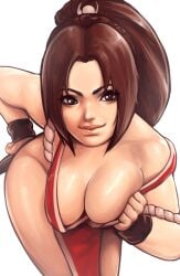 athletic athletic_female bare_legs big_breasts breasts brown_eyes brown_hair busty cleavage down_blouse fatal_fury female female_only hourglass_figure king_of_fighters long_hair mai_shiranui milkyrack pinup pinup_pose ponytail snk tagme tunic wide_hips