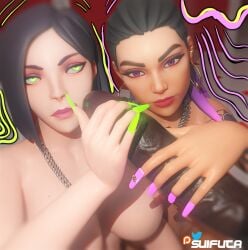 2girls big_breasts big_penis dark-skinned_female dark-skinned_male dark_skin disembodied_penis double_handjob female green_eyes interracial jewelry light-skinned_female light_skin long_nails pale-skinned_female pale_skin reyna_(valorant) riot_games suifuta valorant violet_eyes viper_(valorant)