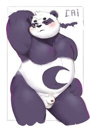 2019 alp_(tokyo_afterschool_summoners) anthro balls belly black_nose blush cai1448331577 flaccid fur giant_panda humanoid_hands male male_only mammal moobs navel nipples one_eye_closed overweight overweight_male penis purple_fur simple_background solo tokyo_afterschool_summoners ursid video_games white_background wink