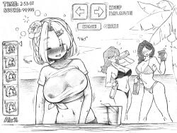 3girls alcohol alcohol_bottle alcoholic_drink bar_(place) bartender beach beach_background beach_bar beach_clothes beach_party big_breasts bikini black_and_white cup drink drinking drinking_glass drunk drunk_female flower_in_hair gameplay_mechanics hiccuping huge_breasts large_breasts le.c leaning leaning_to_the_side midriff midriff_baring_shirt monochrome no_bra original original_character original_characters palm_tree party reference score score_overlay see-through_clothing shirt short_hair short_sleeves solo_focus source tied_shirt timer tipsy traditional_media_(artwork) tropical