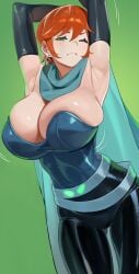 armpits arms_behind_head ben_10 big_breasts blush brown_hair bursting_breasts cartoon_network cleavage clothed clothing dressed earrings edit female future_gwen green_eyes gwen_tennyson huge_breasts large_breasts latex light-skinned_female light_skin male multiple_girls nia4294 nia_(nia4294) orange_hair red_hair sexy_armpits short_hair simple_background softcore solo_female thick_thighs thighs wide_hips