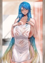 1girls breasts female female_only huge_breasts human league_of_legends long_hair ryuukusnpaiarts sona_buvelle standing towel towel_only voluptuous wet wide_hips