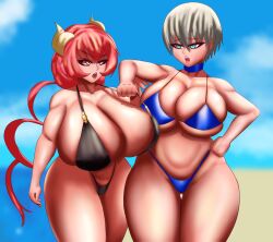 2girls big_breasts bikini bikini_bottom bikini_top black_bikini blue_bikini blue_eyes bottomwear breasts cleavage crossover female female_only grey_hair hair hand_on_hip hips horns huge_breasts ilulu_(dragon_maid) large_breasts massive_breasts micro_bikini miss_kobayashi's_dragon_maid multiple_girls nyarlarsche red_hair short_hair shortstack swimwear thighs topwear uzaki-chan_wa_asobitai! uzaki_hana yellow_eyes