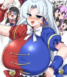 4girls big_breasts black_hair blue_eyes blush blush_lines breasts bunny_ears bunny_girl clothed_female eirin_yagokoro glasses help_me,_erinnnnnn!! huge_breasts japanese_text kaguya_houraisan light-skinned_female long_hair mature_female meme norori purple_hair reisen_udongein_inaba tewi_inaba touhou white_background white_hair