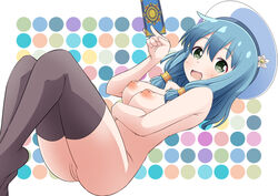 areolae ass black_legwear blue_hair blush breasts card endro! eyebrows eyebrows_visible_through_hair female flower green_eyes hat inverted_nipples large_breasts looking_at_viewer medium_hair meiza_endust naruse_mai nipples nude open_mouth playing_card polka_dot polka_dot_background pussy shiny shiny_hair shiny_skin simple_background smile solo thighhighs