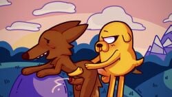 adventure_time anal anal_sex anthro balls brown_body brown_fur canid canine canis cartoon_network domestic_dog duo ejaculation fox fur gay gay_sex genitals hi_res jake_the_dog male male/male mammal mr._fox mr._fox_(adventure_time) outside outside_sex penetration penis tail tail_motion tailwag warner_brothers yellow_body yellow_fur yunowhotodo