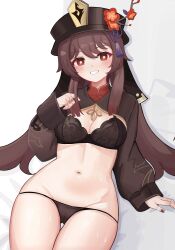 1girls black_bra black_nails black_panties black_underwear borii brown_hair cameltoe female_only genshin_impact hat hu_tao_(genshin_impact) long_hair medium_breasts painted_nails panties red_eyes solo solo_female twintails wide_hips